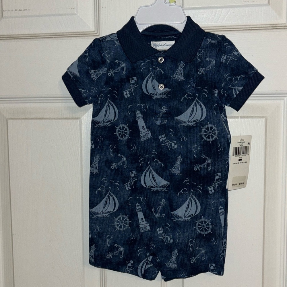 NWT Polo Ralph Lauren Baby Boys Sailboat Print Romper Shortalls 3m MSRP $45